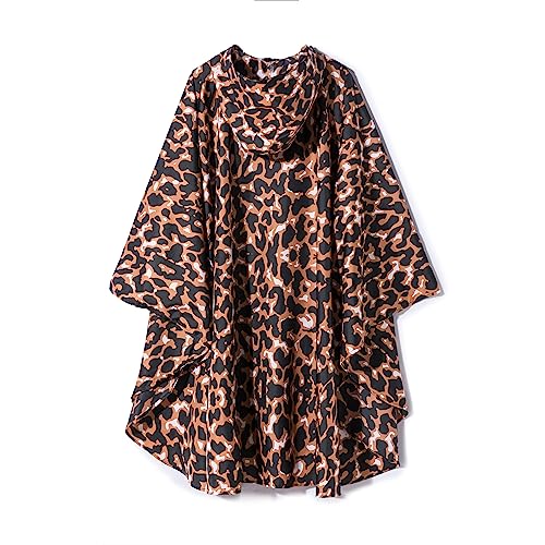 Freesmily Damen Regen Poncho stilvolle wasserdichte Regenmantel mit Kapuze Reißverschluss (Leopardenmuster)