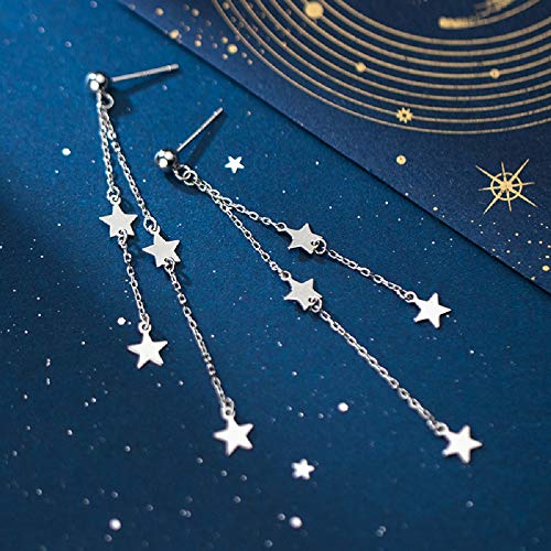 Tassel Star Threader Chain S925 Sterling Silver Long Dangle Drop Earrings For Women Girls Elegant Cute Ball Stud Dangling Hanging Fashion Lucky Star Lightweight Hypoallergenic Jewelry Gifts Birthday #TOP2