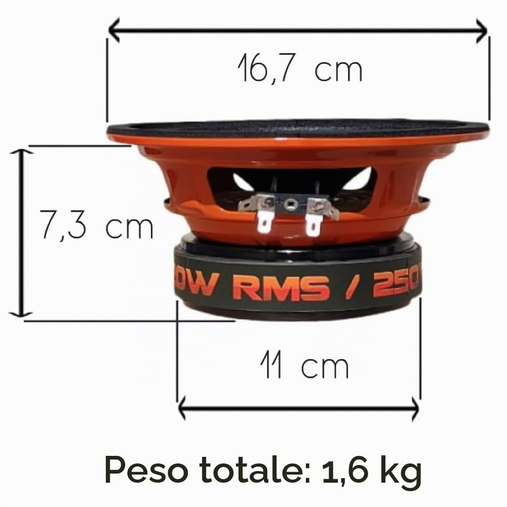 KIT SET PER SP AUDIO SP6.5CM 2 midrange da 16,5 cm 165 mm 6,5" di diametro, 120 watt rms 250 watt max, impedenza 4 ohm, sensibilità 96 db, per auto, a coppia + accessori omaggio