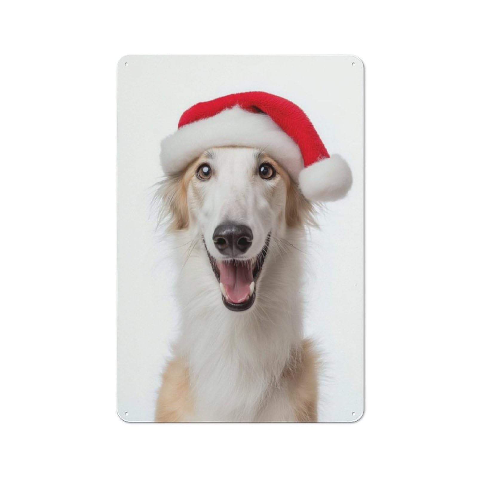 Junmoney Borzoi Dog With Santa Hat Portrait Tin Wall Plaque 30X20cm With For Guest Room Or Hallway, For Metal Sign Collectors, For Garage And Workshop Walls