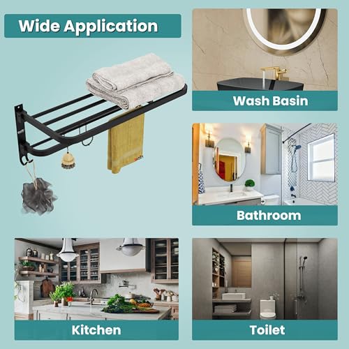 Image of Gloxy Premium Foldable Towel Rack in Bathroom with Towel Rod & Hooks Combo Pack of 2 - Stainless Steel Black Matte Finish Wall Mount Towel Stand /Towel Rod for Bathroom Fittings Accessories Set