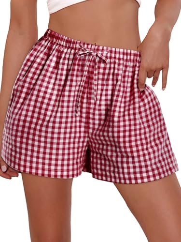 Image of Women Boxer Shorts Gingham Drawstring Pajama Bottom Plaid Pants with Pocket