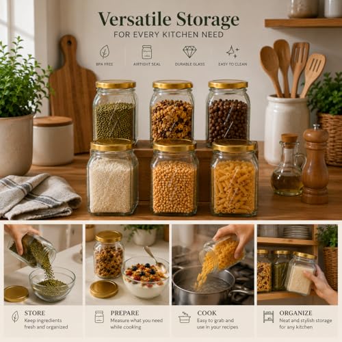 Image of Pure Source India Premium Clear 6 Pcs Glass Jar with Gold Lug Cap | Airtight Food Storage Jar for Honey, Jam, Pickles, Spices & Preserves (250 gm)