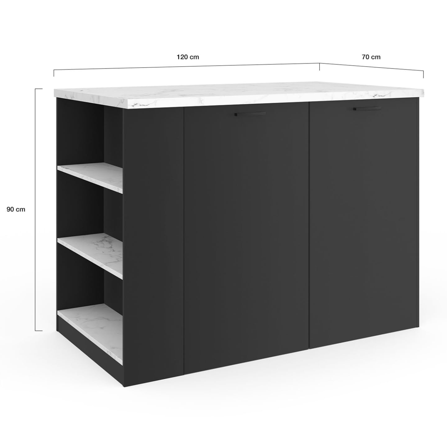 IDMarket - Ilot Central TIBO 120 cm Bois Noir avec Plan de Travail Effet marbre Alaska