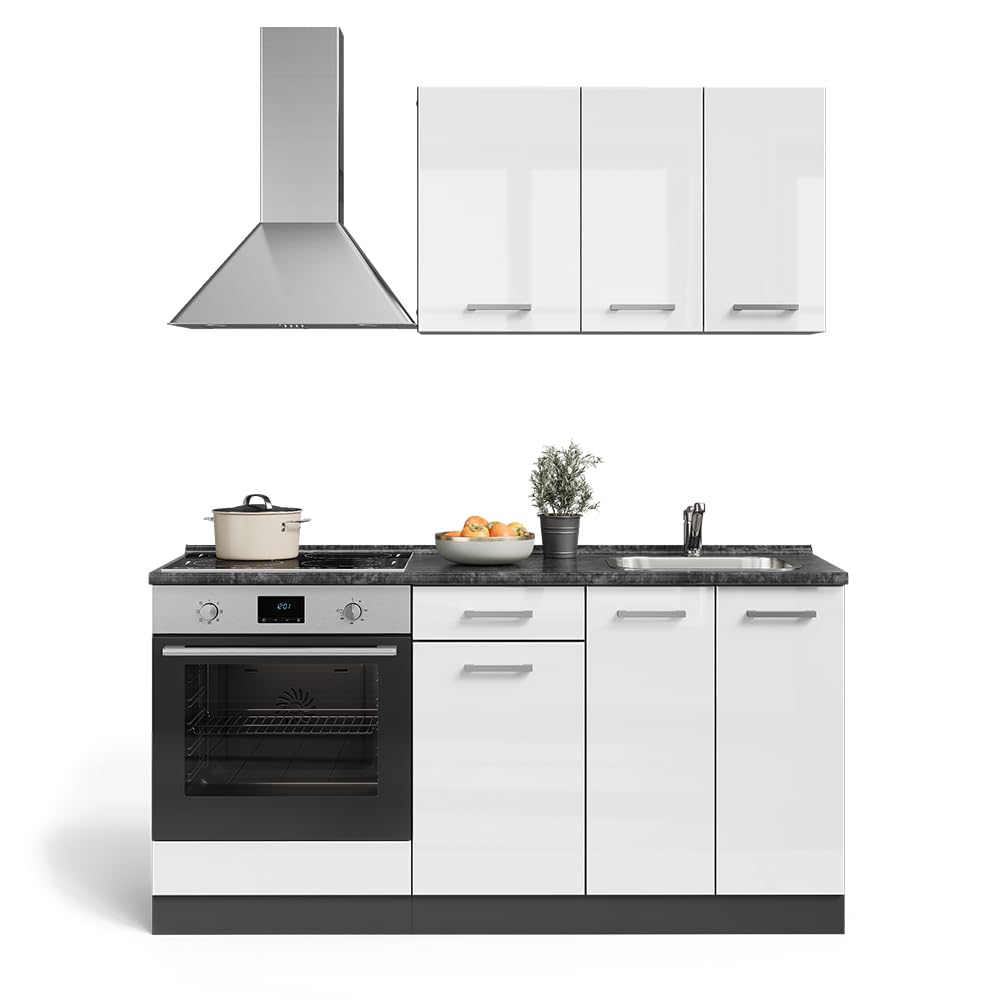 Vicco Singleküche R-Line, Weiß Hochglanz/Anthrazit, 160 cm | mit Herdumbauschrank und Spüle mit AP, zur Integration von Elektrogeräten und Spüle vorbereitet