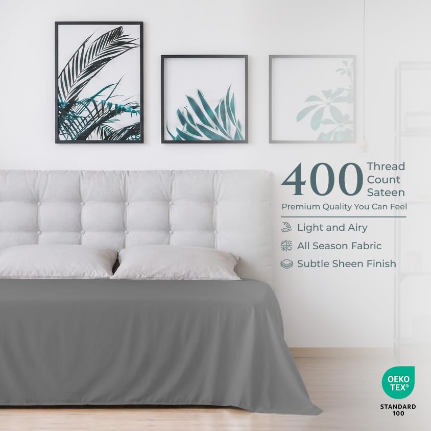 Image of Royale Linen 400 Thread Count 100% Cotton Flat Sheets Only - Cooling Sheets - Queen Flat Sheet Sold Separately - Luxury Sateen Weave - Breathable & Super Soft Top Sheet Only (Queen, Spanish Slate)