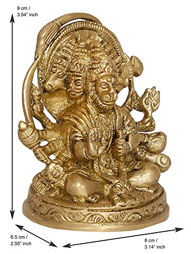 Image of eCraftIndia Golden Brass Handcrafted Sitting Panchmukhi Hanuman Statue - Bajrangbali Religious Idol Murti - Perfect for Home, Office Entrance, Pooja Room, Temple Mandir - Ideal for Gift Purpose