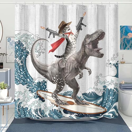 Wegklazax Surfing Cat Dinosaur Shower Curtain Funny Shower Curtains for