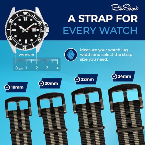 Image of BluShark - Original Collection Military-Style Waterproof Watch Strap, Fits All Timepiece Brands, Durable Nylon Wristwatch Accessories with Stainless Steel Buckle - 18mm, 20mm, 22mm & 24mm Watch Bands