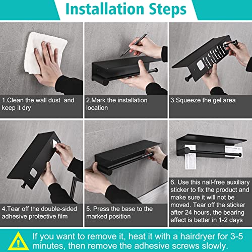 Foto von HANFU Küchenrollenhalter Wandmontage, Küchenpapierhalter Ohne Bohren für Küchenkrepp Papierrollenhalter, Aluminium Rollenhalter Küche mit Aufbewahrung Geräumigen Regal, Küchenrollenhalter Schwarz