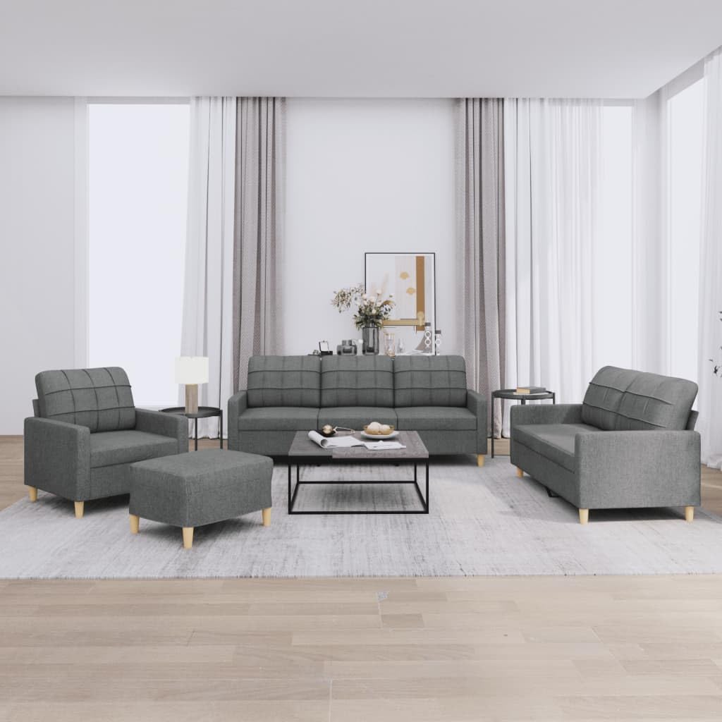 Juego de 4 muebles de salón con sillón de 2 plazas y 3 plazas y taburete, 198 x 77 x 80 cm, color gris oscuro, tejido resistente, diseño moderno para salón, balcón y dormitorio juvenil
