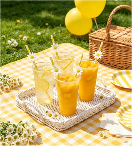 20 pitillos de papel decorados con margaritas, amarillo y blanco miniatura 2