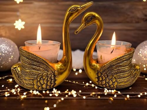 Image of Mruli Krishna Swan Tealight Candle Holder Set, Gold Metal, 13.5 cm Height, 14 cm Length, 2 Pieces