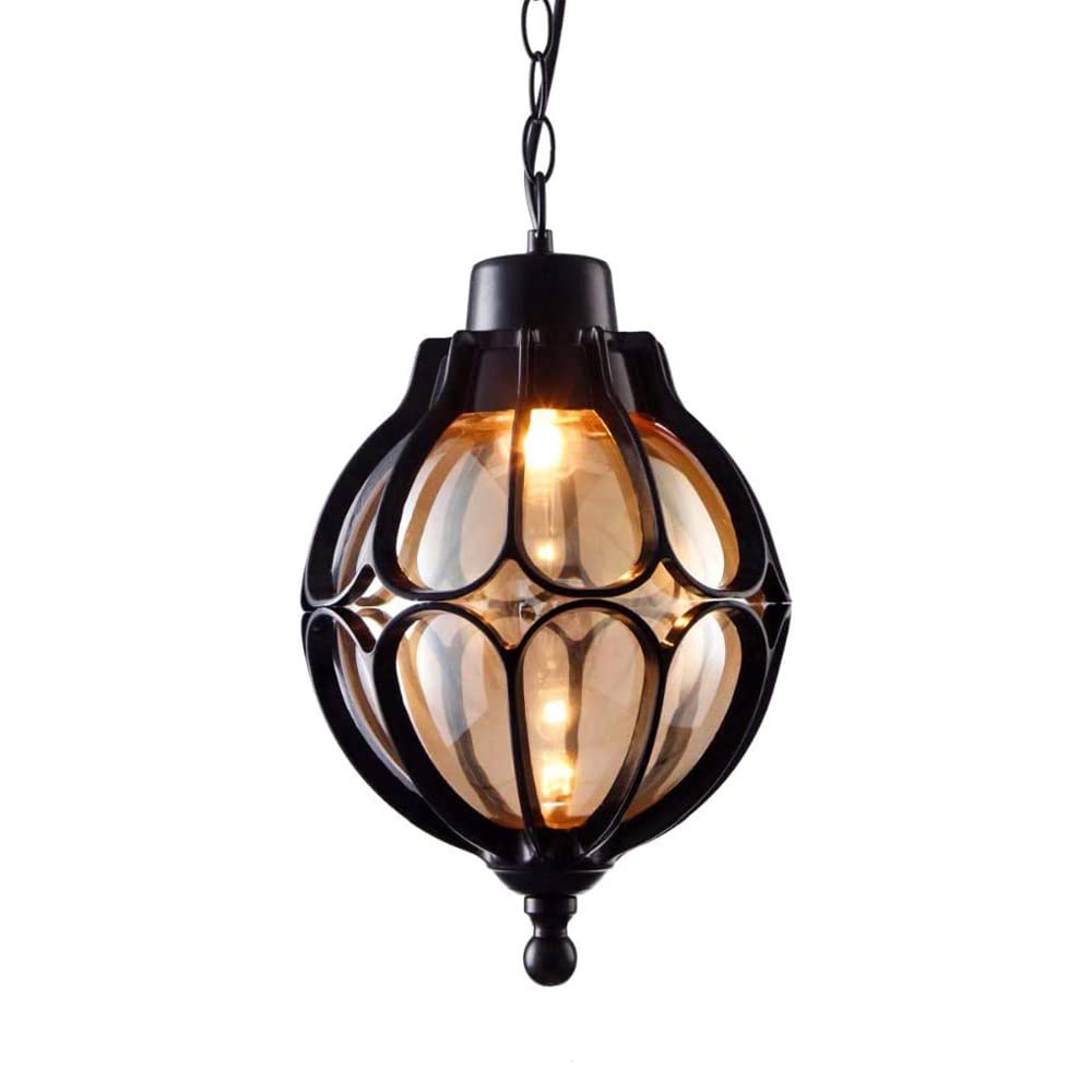 lampy wiszące, Czarny metal z aluminiową klatką w kształcie kuli przezroczystego szkła, zewnętrzna latarnia do altany, wejścia, patio