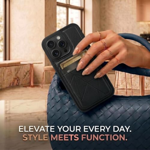 Image of amazon basics Premium Vegan Leather Back Cover with Card Holder and Integrated Mobile Stand for iPhone 15 Pro - Slim Shockproof Wallet Case with Geometric Stitching [Black]