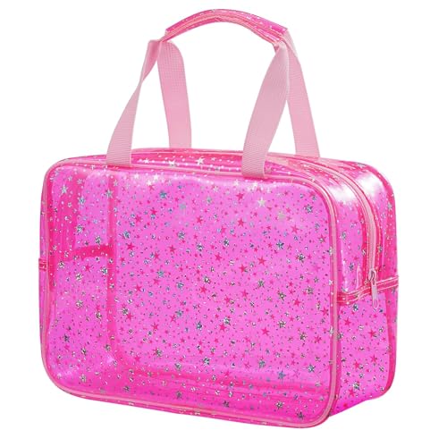 AstraGlam Transparente PVC Trousse de Maquillaje para Mujeres – Bolsa organizadora Impermeable con Motivo de Estrellas, Neceser para Viajes, Grande y Resistente, Bolso de Maquillaje en Rosa