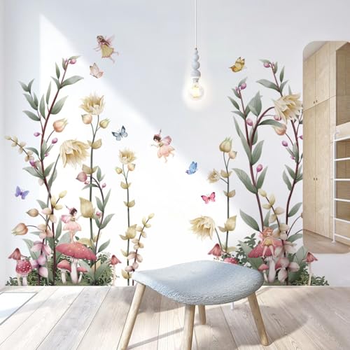 Image of NXUEBDU Boho Flower Wall Decals Fairy Wall Decor Wildflower Stickers with Mushroom Peel and Stick Removable for Girls Bedroom, Kids Room, Living Room, Office