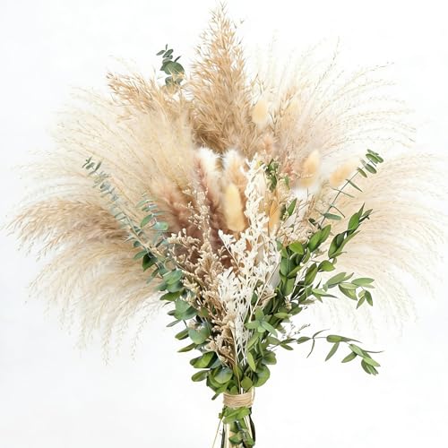 Natural Dried Pampas Grass Bouquet - 9 Varieties Mix with Eucalyptus & Bunny Tails - 17' Non-Shedding & Dye-Free Dried Flowers for Vase - Elegant Boho Home...