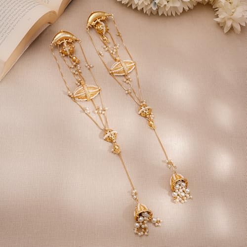 Image of Rubans Long Jhumka Earrings with Ear Chain Pearl Beaded Traditional Wedding Jewellery Gift for Women & Girls