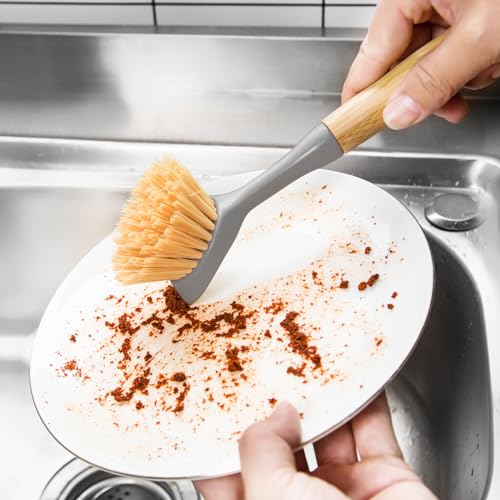 Image of 2 Pack Dish Brushes with Bamboo Handle, Kitchen Dish Scrubber Built-in Scraper, Scrub Brush for Pans, Pots, Counter & Kitchen Sink Cleaning, Dishwashing and Cleaning, Perfect Cleaning Tools, Gray