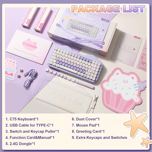 YUNZII C75 Teclado Mecánico Inalámbrico Gaming 75%, Bluetooth/2.4G/USB-C, Hot-Swap Teclas PBT RGB, Montaje Gasket, Anti-Ghosting NKRO, Diseño Pastel para Win/Mac (Morado, Candy Linear Switch) - imagen 9