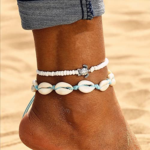 Boho Layered Nature Shell Anklet Bracelets Adjustable Turtle Foot Chain Hawaiian Beach Foot Jewelry Accessories Set For Women Girl（Shell Set） #TOP2