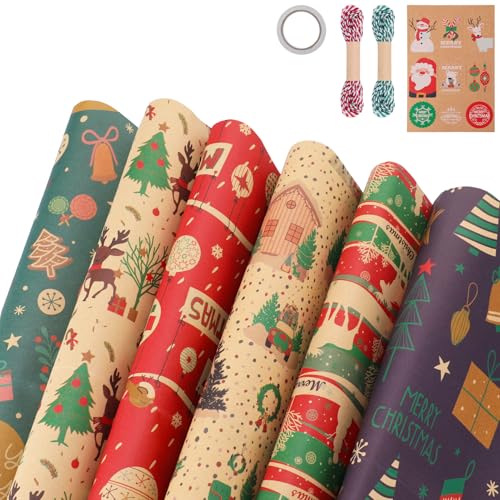 girldate クリスマス 包装紙 6枚入 50*70 CM ラッピングペーパー クラフト紙 厚手 大判 誕生日 ラッピング用品 プレゼント 包装 テープ タグ ロープ付き (1 セット)