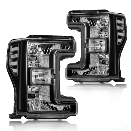 DimFlux Headlight Assembly Headlights Kit Compatible with 2017-2019 Ford F250 F350 F450 F550 Super Duty Fits Models with Halogen Headlights Only Replacement Headlamp Black Housing Clear Reflector