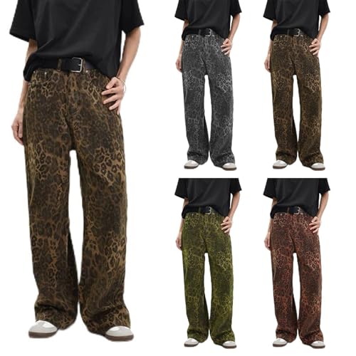 2024 Leopard Jeans for Women Trendy Y2k Straight Leg Cheetah Stretchy Grunge Denim High Waisted Wide Leg