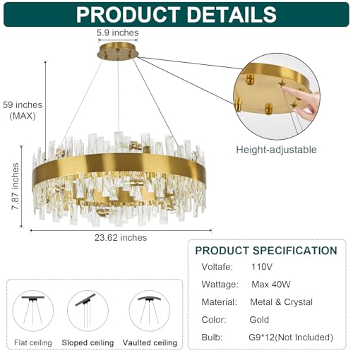 Image of AioTio Modern Crystal Chandelier, D23.6'' Brass Round K9 Crystal Gold Raindrop Chandelier for Dining Room, 12 Lights Luxury Ceiling Pendant Light Fixture for Living Room, Bedroom,Kitchen Island