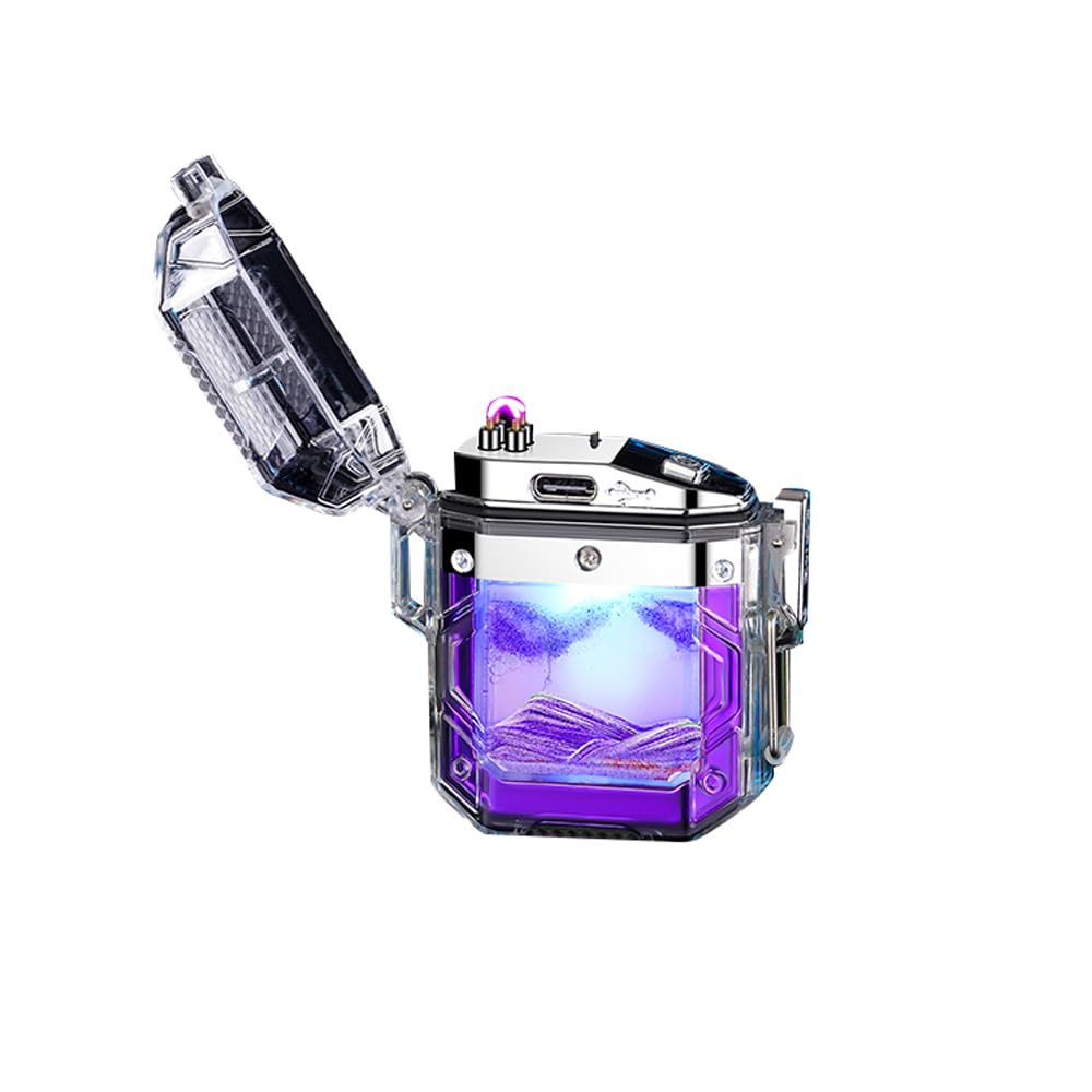 Lighters Dual Arc Lighter with Flashlight Waterproof Rechargeable Windproof Waterproof Flameless Transparent Double Arc USB Lighter Good for Cigarette Outdoor Camping Hiking (Purple)