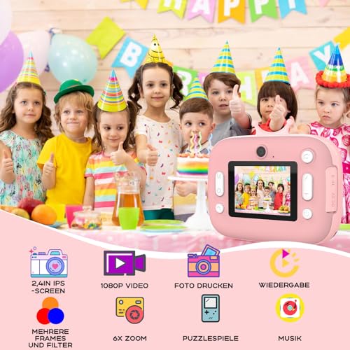 Nauotk Kinderkamera Sofortdruck, Digitalkamera für Kinder mit Druckpapier, 32G TF-Karte, Selfie-Videokamera mit 5 Farbstiften Geliefert, Geschenk für Mädchen und Jungen von 3–14 Jahren (Rosa) – Bild 3