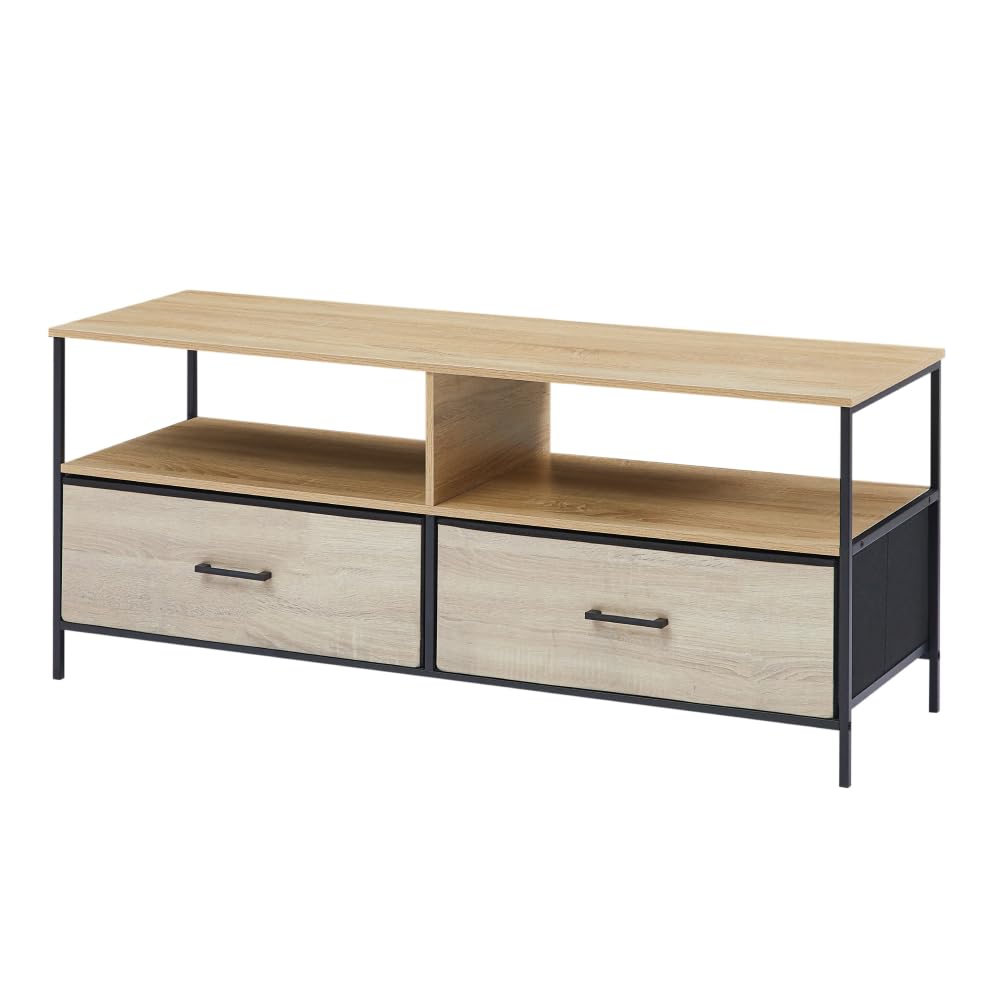CASABEL Meuble TV 120 cm en métal Noir et Bois, Meuble de Salon avec 2 tiroirs en Tissu Rigide et étagères Ouvertes, Meuble Télé Solide, Design Pratique et résistant