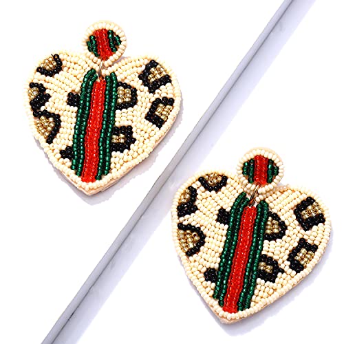 Beaded Dangle Earrings for Women Leopard Pattern Bead Heart Earrings Boho Statement Drop Earring Studs for Holiday Birthday Valentine’s Day Gifts4