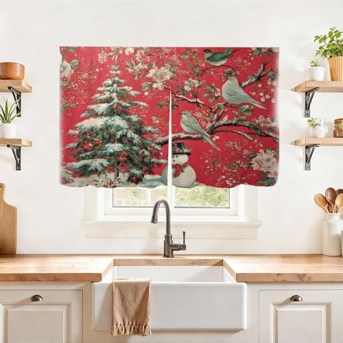 Image of Self Adhesive Red Bird & Pine Tree Cabinet Curtain for Mother's Day, 39x28 Inch Vintage Floral Under Sink Skirt No Drill, Spring Cleaning Kitchen Decor, Hook and Loop Laundry Valance