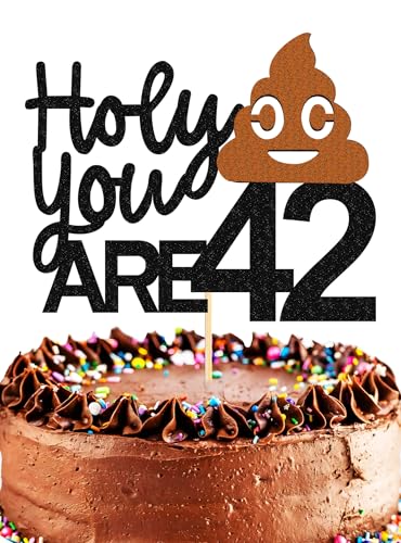Holy Sh*t You are 42 Cake Topper - Black Glitter 42th Birthday Cake Decorations, Funny 42th Birthday Cake Pick (42TH)