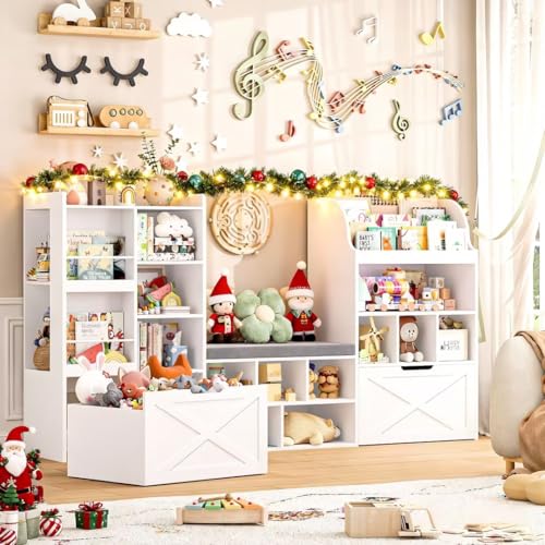 Image of FINETONES 75” W Kids Bookshelf with Reading Nook, Large Toy Storage Toy Organizer with Seat Cushion and 2 Movable Drawers, Kids Reading Nook Kid Bench for Playroom Living Room, White