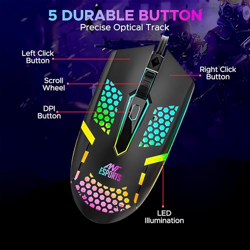 Image of Ant Esports GM1103 Wired Gaming Mouse, 800-3600 DPI Adjustable Optical Sensor, RGB Multicolor Backlight, 4 Buttons, Ergonomic,1.5m Cable, 3300 FPS, Lightweight USB Mouse for PC, Laptop, Mac & Windows