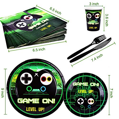 Video Game Party Supplies-Gamer Birthday Party Supplies Including Gaing Paper Plates,Cups,Napkins, Straws And Happy Birthday Banner For Boy Gamer Birthday Party Decoration