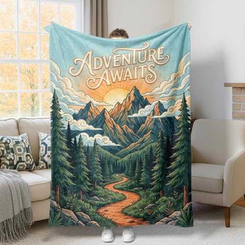 Couverture en flanelle douce canapé lit jeté de plaid vert automne motif montagne 127 x 152 cm - 2
