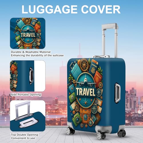 ANNA QUEEN Travel Around the World Luggage Cover, Colorful Landmark Suitcase Protector with Airplane & Globe Design, Stretchable, Washable Travel Sleeve for 20-34 Inch Luggage3