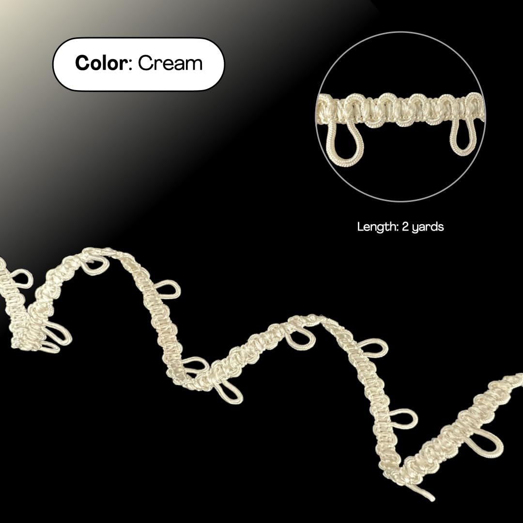 Starlight Trimmings 2 Yards of Petite Braid Trim Elastic Button Loop Ideal for Sewing, Wedding, Bridal Dresses, Costumes, and Crafts (Cream - 1 Inch)