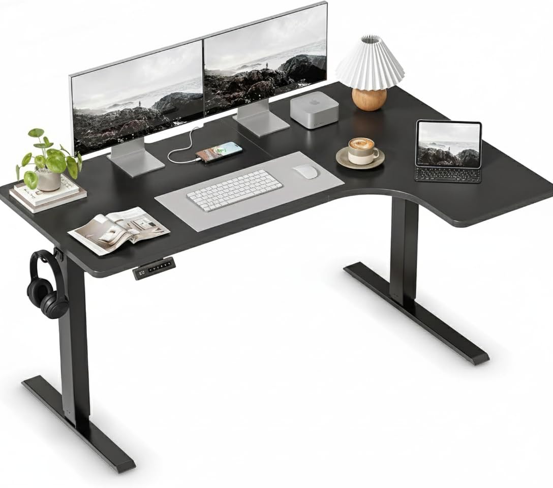 FEZIBO 55×32 inch L Shaped Electric Corner Standing Desk, 4 Memory Height Settings,Home Office &amp; Computer Height Adjustable Table, Ergonomic Sit and Stand Up Workstation with Splice Board,Black Top