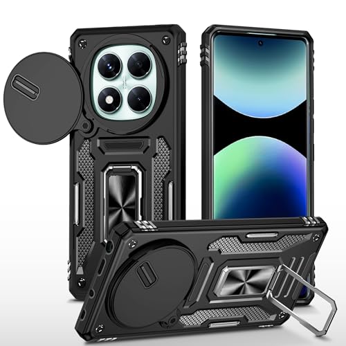 Generisch Handyhülle für Xiaomi Redmi Note 14 Pro 4G/5G Hülle Kameraschutz Slide Camera mit 360Metall Ring Ständer Case Stoßfest Schutzhülle für Xiaomi Note 14 Pro Schwarz