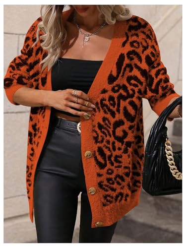 Image of SOLY HUX Women's Leopard Print Cardigan Sweaters Button Down V Neck Long Sleeve Fuzzy Cardigans