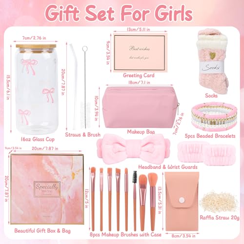 Cadeaus voor meisjes, tieners, 9, 10, 11, 12, 13, 14, 15, 16 jaar, verjaardagscadeau voor meisjes, Kerstmis, advent, cadeau-idee, glazen beker met rietje en deksel, make-upkwast, cosmeticatas - Afbeelding 3