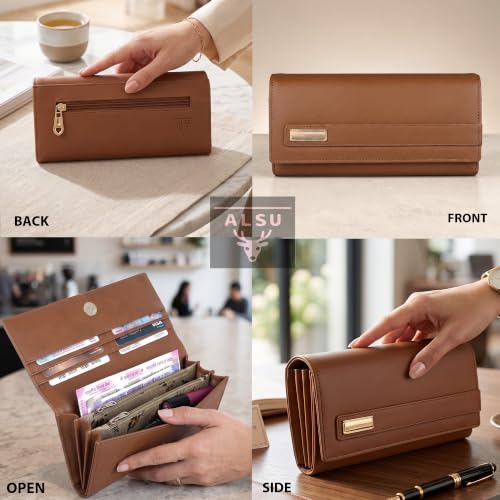Image of ALSU Women's Hand Wallet Purse Clutch | Phone Pocket | Coin Compartment | Credit Card Slots| Zipper Pocket| Office use| Casual use| Faux Leather (Tan)