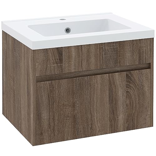 kleankin Mobile Lavabo da 60cm con Lavandino in Ceramica, Mobile Bagno Sospeso in Legno con Cassetto Soft Close, Marrone Chiaro