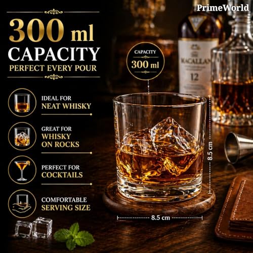Image of PrimeWorld Mexico Crystal Whiskey Glasses Set of 6 pcs- 300 ml Bar Glass for Drinking Bourbon, Whisky, Scotch, Cocktails, Cognac- Old Fashioned Cocktail Tumblers
