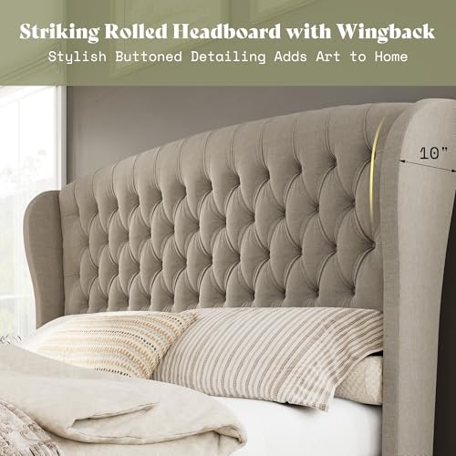 Image of AMERLIFE Queen Size Platform Bed Frame, Linen Upholstered Sleigh Bed with Scroll Wingback Headboard & Footboard /Button Tufted /No Box Spring Required /Khaki